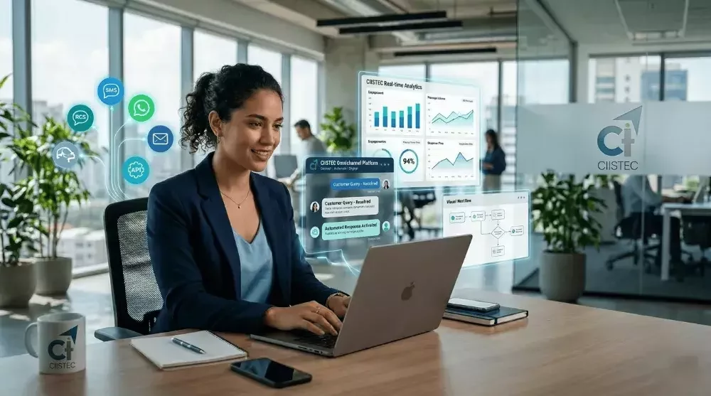 Ejecutiva trabajando en su laptop con las soluciones de comunicación de CIISTEC
