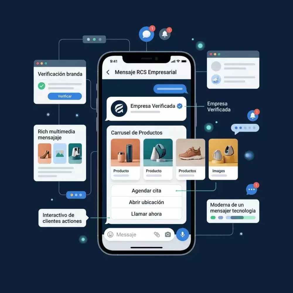 Mensaje RCS con logo de la empresa, imágenes y botones en un celular